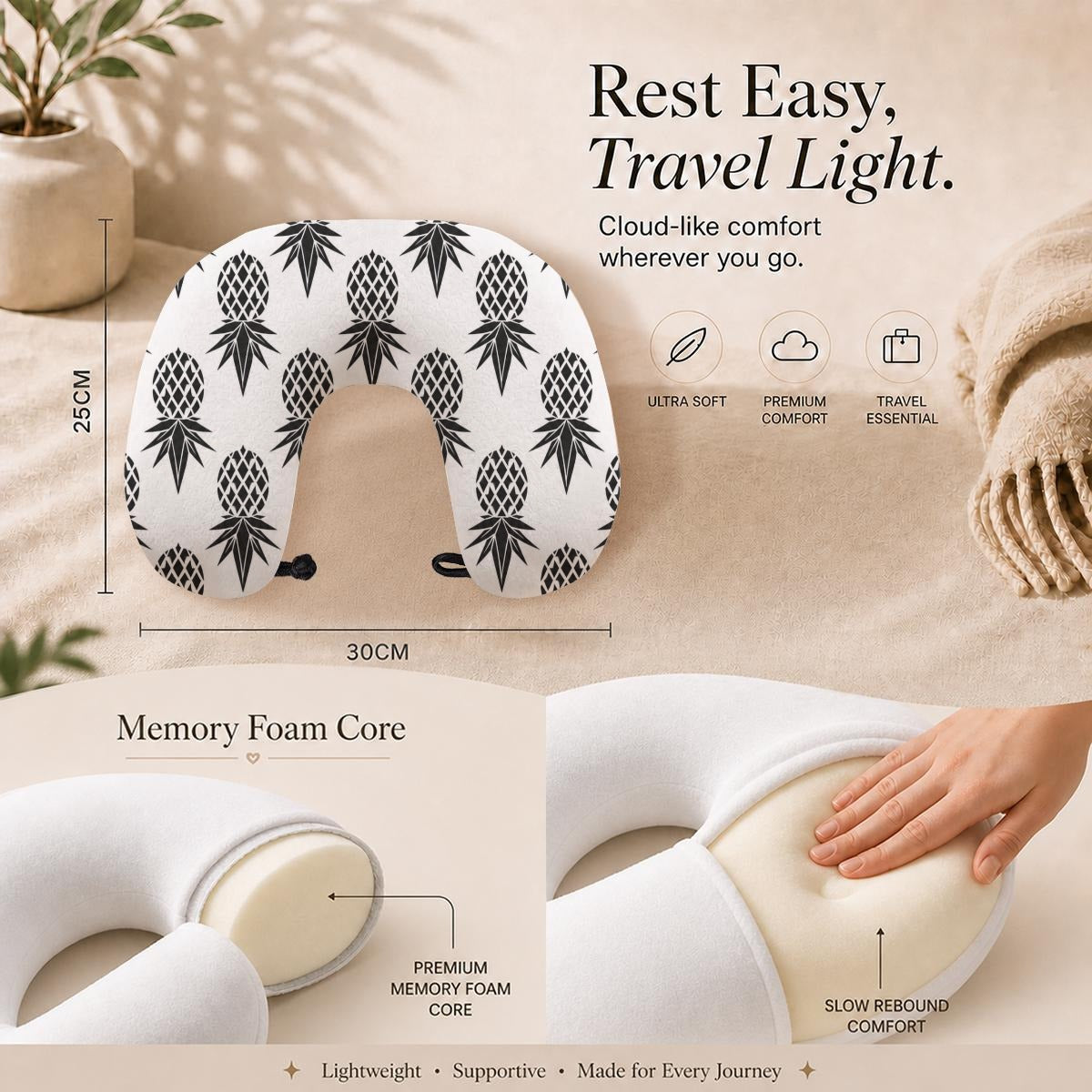 Pineapple Black/White Memory Foam Travel Neck Pillow with Frog Button Closure