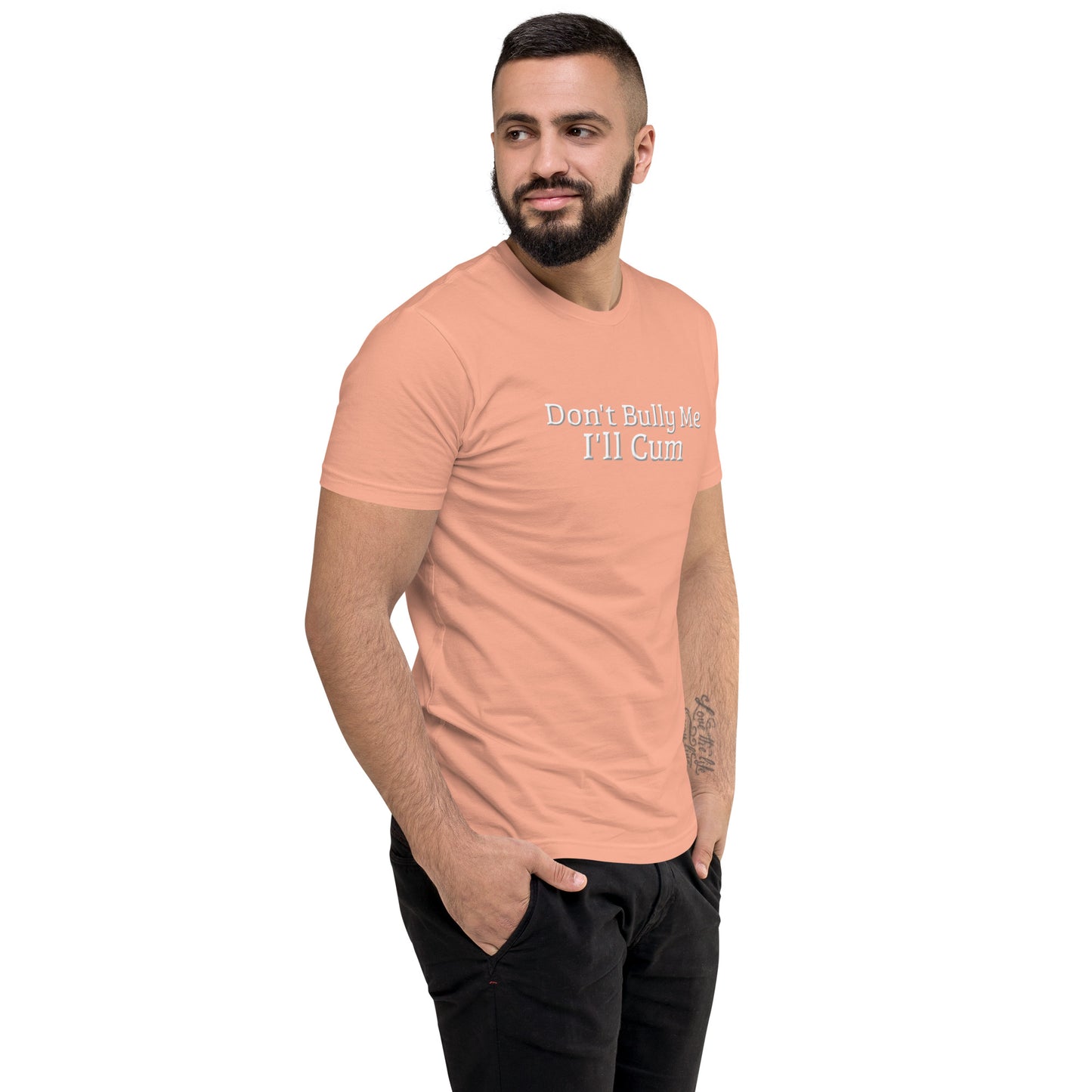Don’t Bully Me, I’ll Cum Short Sleeve Fitted T-Shirt | Funny Swinger & ENM Lifestyle Apparel – DK Apparel – DK Apparel lifestyle clothing