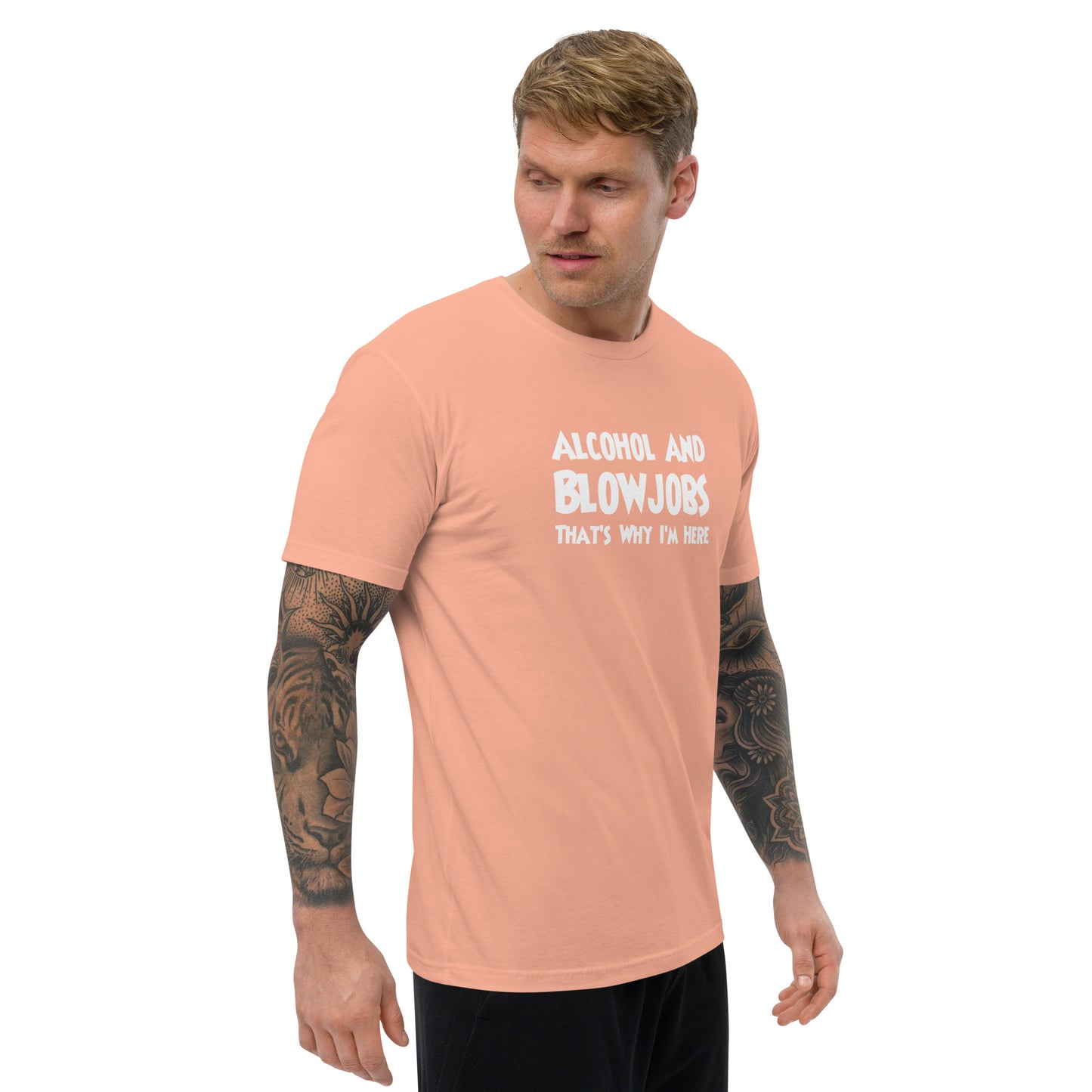 Alcohol and Blowjobs Short Sleeve Fitted T-Shirt | Swinger & ENM Lifestyle Apparel – DK Apparel – DK Apparel lifestyle clothing