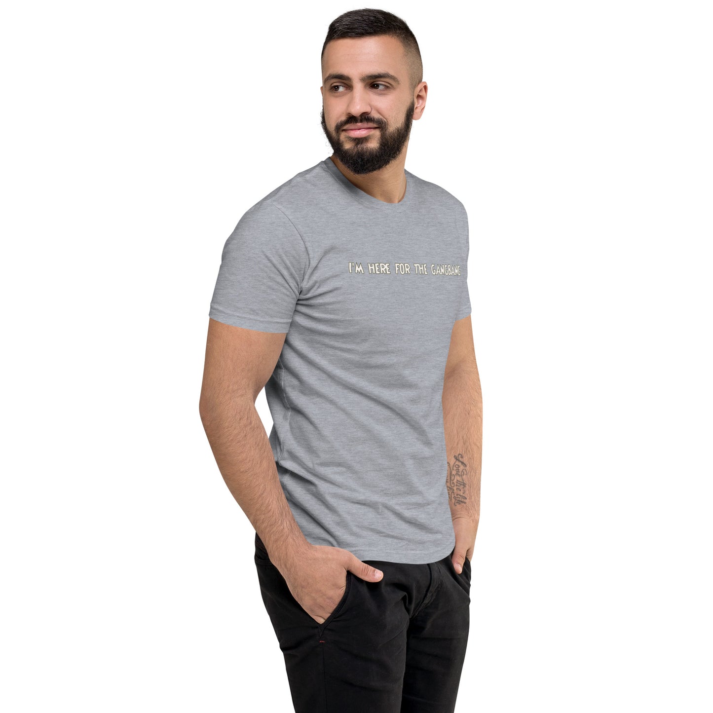 Here For The Gangbang Short Sleeve Fitted T-Shirt | Swinger & ENM Lifestyle Apparel – DK Apparel – DK Apparel lifestyle clothing