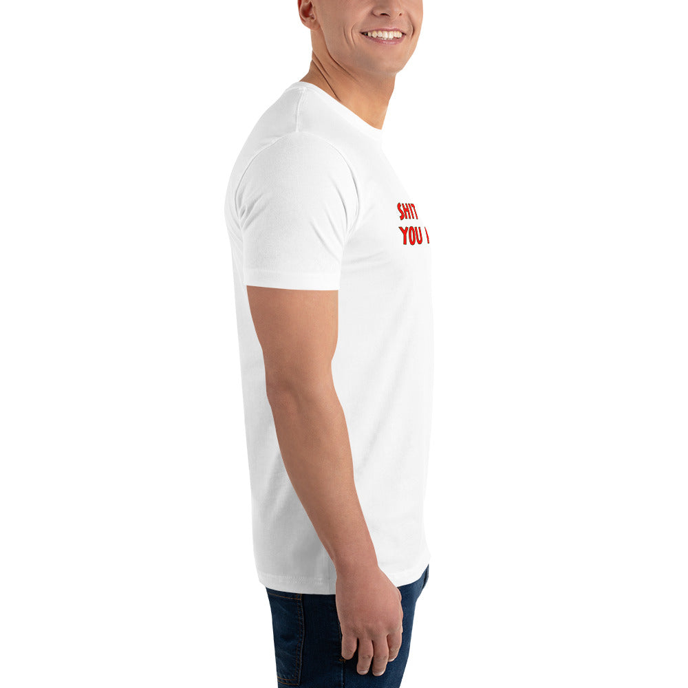 Shit Happens When You Party Naked Short Sleeve Fitted T-Shirt | Swinger & ENM Lifestyle Apparel – DK Apparel – DK Apparel lifestyle clothing