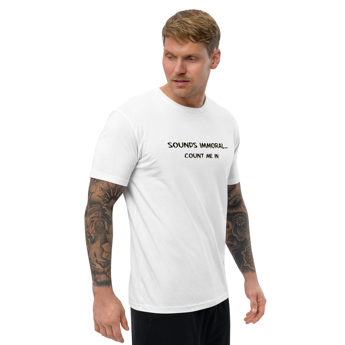 Sounds Immoral, Count Me In Short Sleeve Fitted T-Shirt | Swinger & ENM Lifestyle Apparel – DK Apparel – DK Apparel lifestyle clothing
