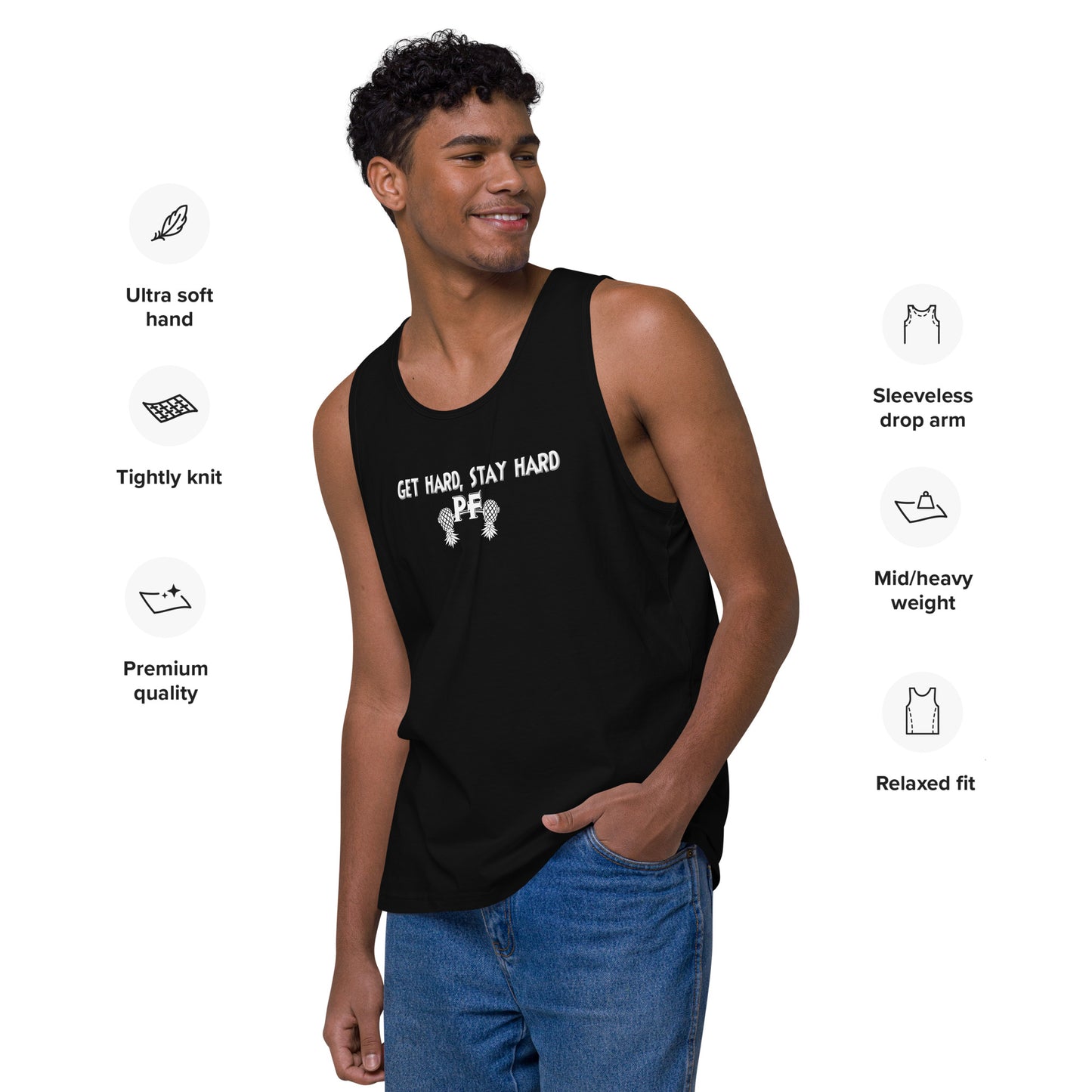 Get Hard, Stay Hard PF Men’s Premium Tank Top – Pineapple Fitness Lifestyle & ENM Apparel | DK Apparel – DK Apparel lifestyle clothing