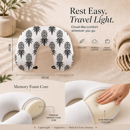 Pineapple Black/White Memory Foam Travel Neck Pillow with Frog Button Closure