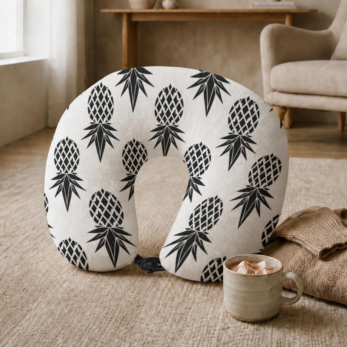 Pineapple Black/White Memory Foam Travel Neck Pillow with Frog Button Closure
