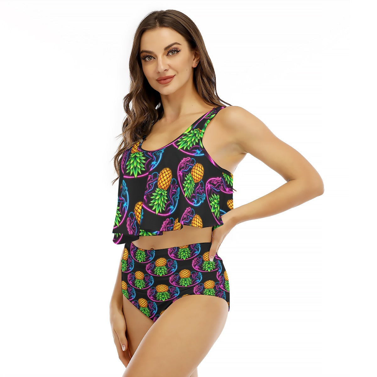 Electric Pineapple Women's Ruffled Vest Bikini Swimsuit