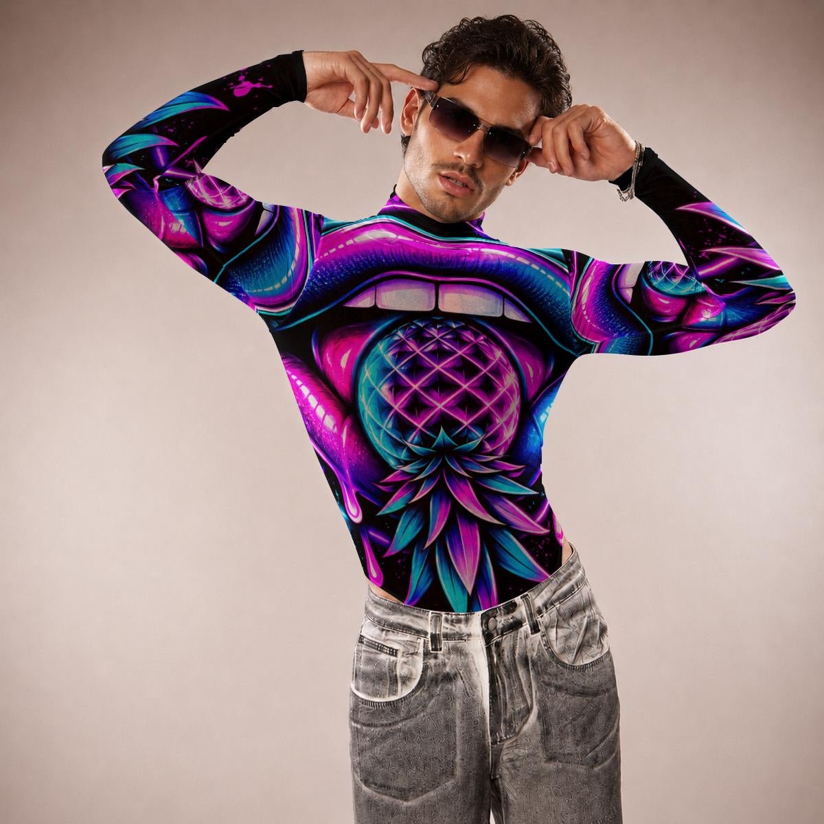 Pineapple Rave Men's Mesh Turtleneck Long Sleeve Bodysuit