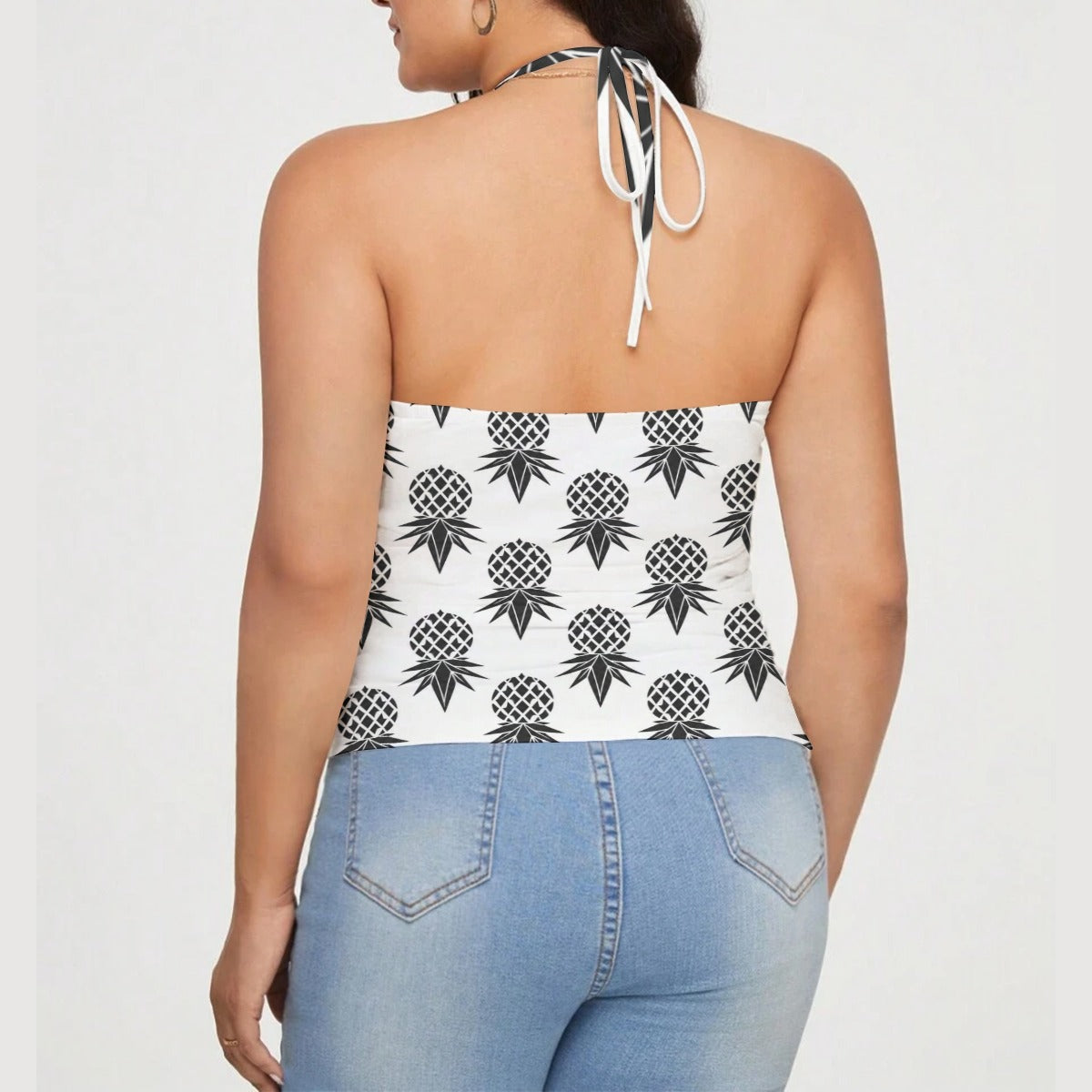 Pineapple Black/White Women's Lace-Trimmed Tie-Back Top