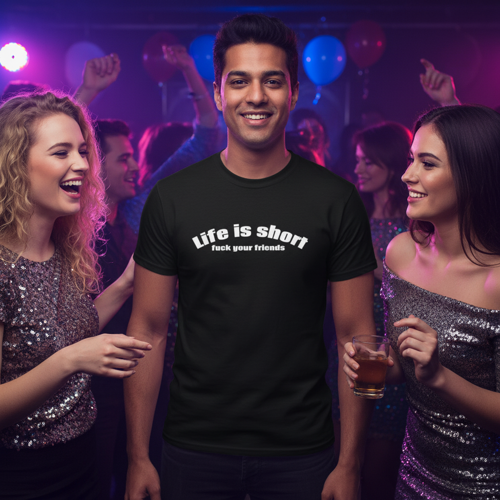 Life Is Short, Fuck Your Friends Short Sleeve Fitted T-Shirt | Swinger & ENM Lifestyle Apparel – DK Apparel