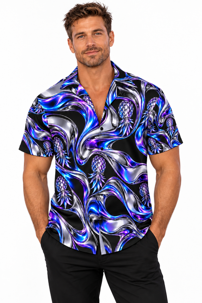 Chrome Pineapple Electric Blue Button Up Shirt