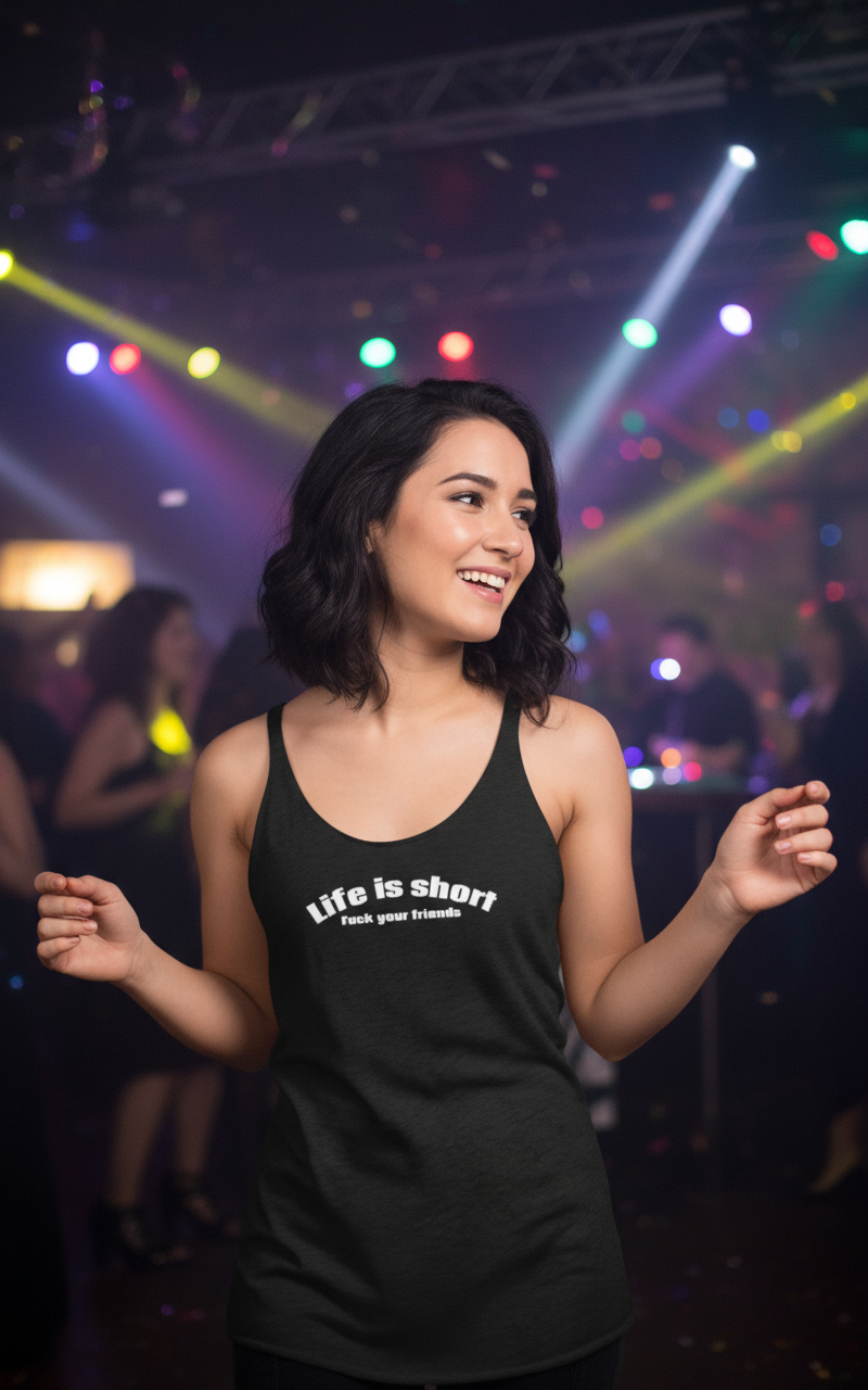 Life Is Short, Fuck Your Friends Women’s Racerback Tank | Swinger & ENM Lifestyle Apparel – DK Apparel-DK Apparel