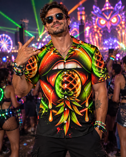 Neon Pineapple Rave Button Up Shirt