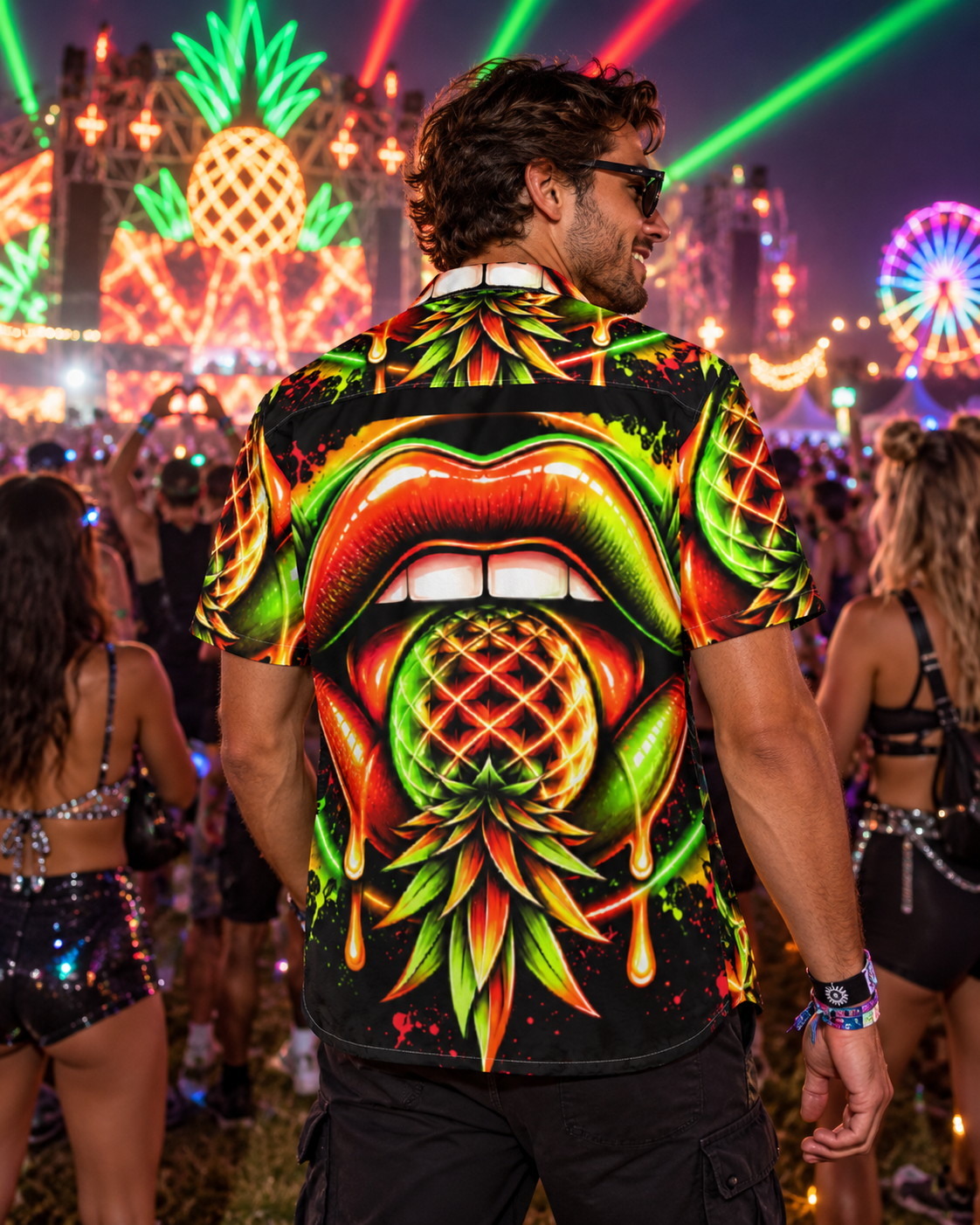 Neon Pineapple Rave Button Up Shirt